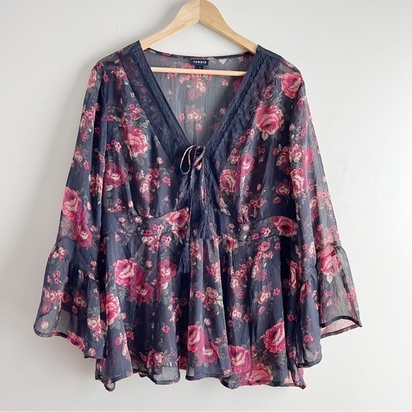 torrid Tops - Torrid Babydoll Chiffon Lurex Crochet Lace-Up Sheer Blouse, Black Red Floral, 1X
